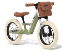 Green BERG Biky Retro balance bike with vintage design and brown details