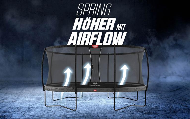 BERG Trampolin mit AirFlow Sprungtuch und Text Springe höher mit AirFlow