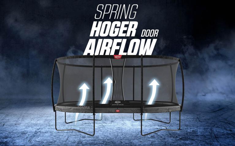 BERG trampoline met AirFlow springdoek en tekst Spring hoger door AirFlow