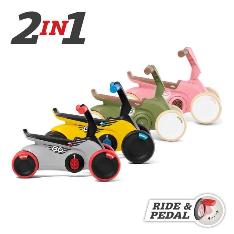 Four BERG GO2 2-in-1 ride-on cars in different colors and designs