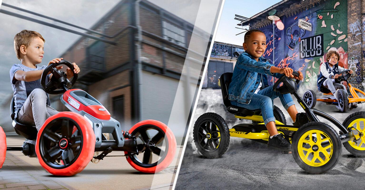 Four children riding different BERG pedal go-karts in various environments, banner